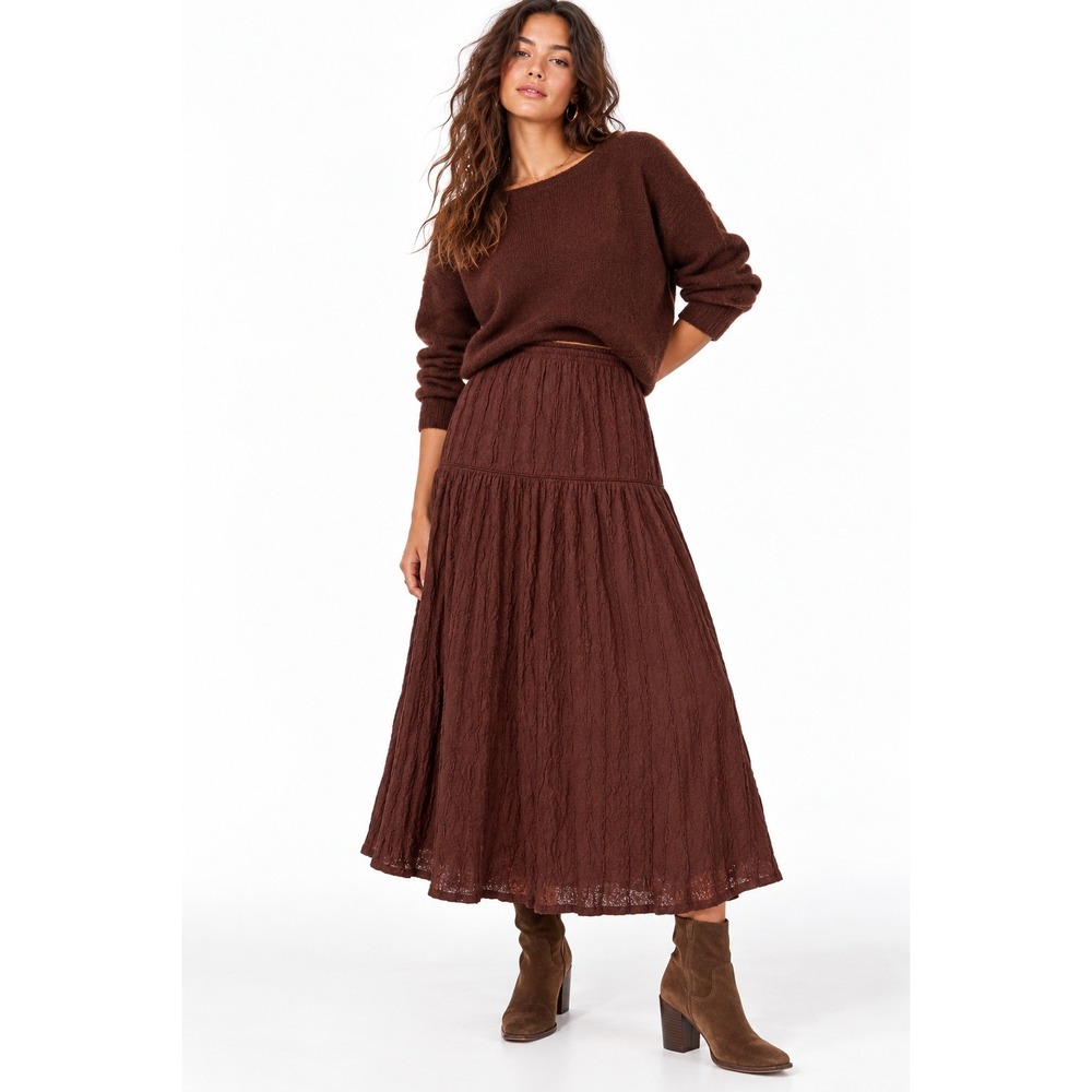 HM Dark Brown Crinkle Textured Tiered Midi Skirt XS New With Tags